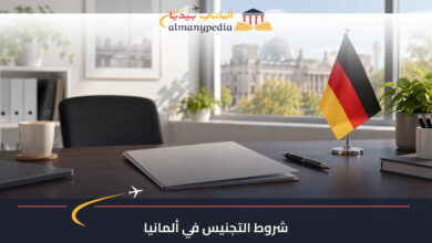 مشهد توضيحي لملف طلب التجنيس بجوار علم ألمانيا