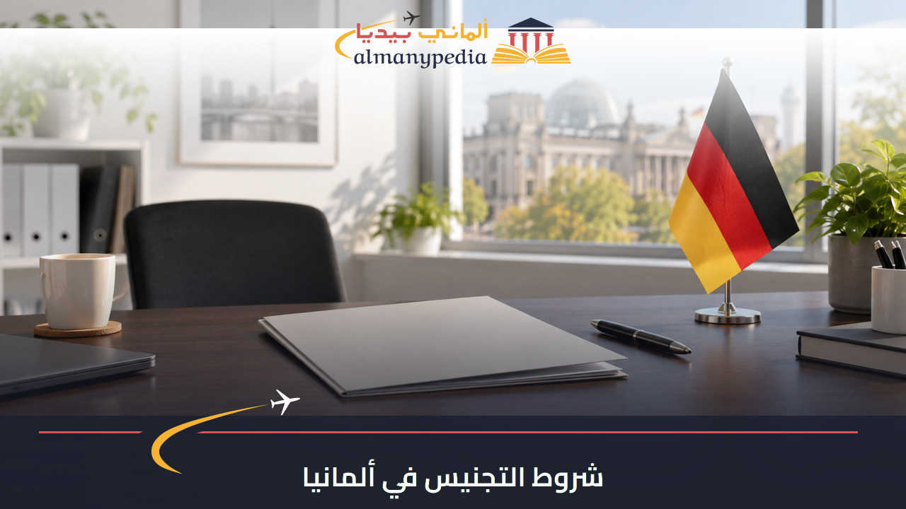 مشهد توضيحي لملف طلب التجنيس بجوار علم ألمانيا