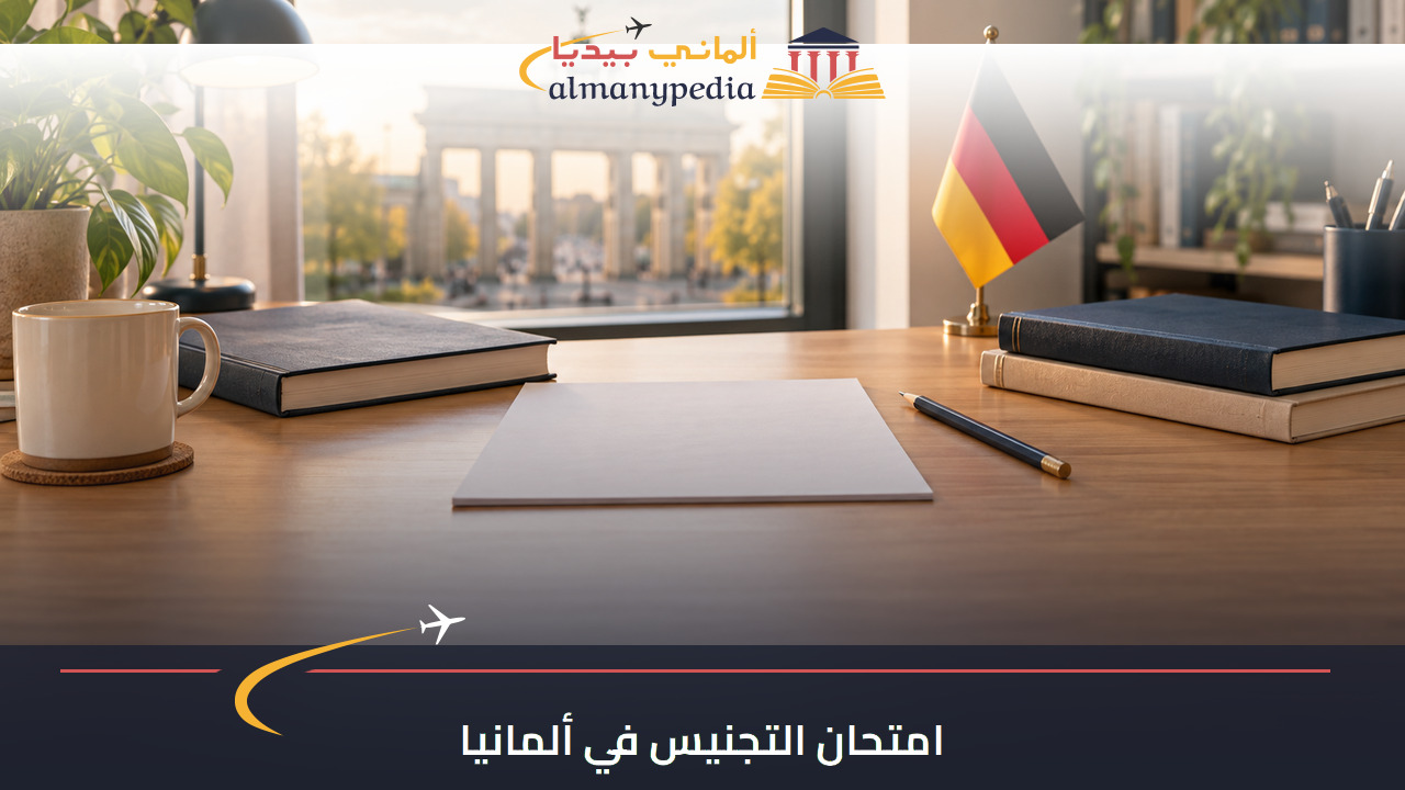 مشهد توضيحي للاستعداد لامتحان التجنيس مع كتب وقلم وعلم ألمانيا
