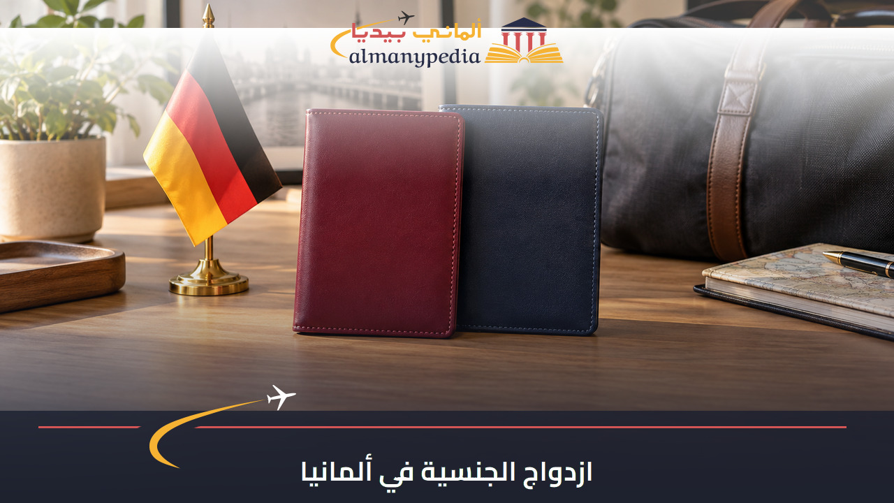 صورة توضيحية لحافظتي وثائق سفر بجوار علم ألمانيا