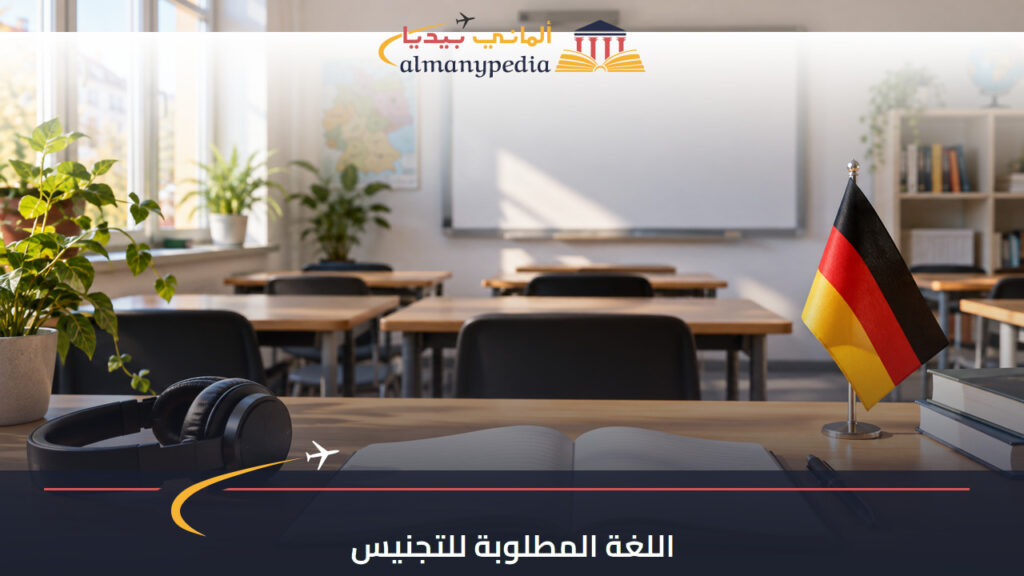 مشهد توضيحي لفصل تعليم اللغة الألمانية ودفتر وسماعات