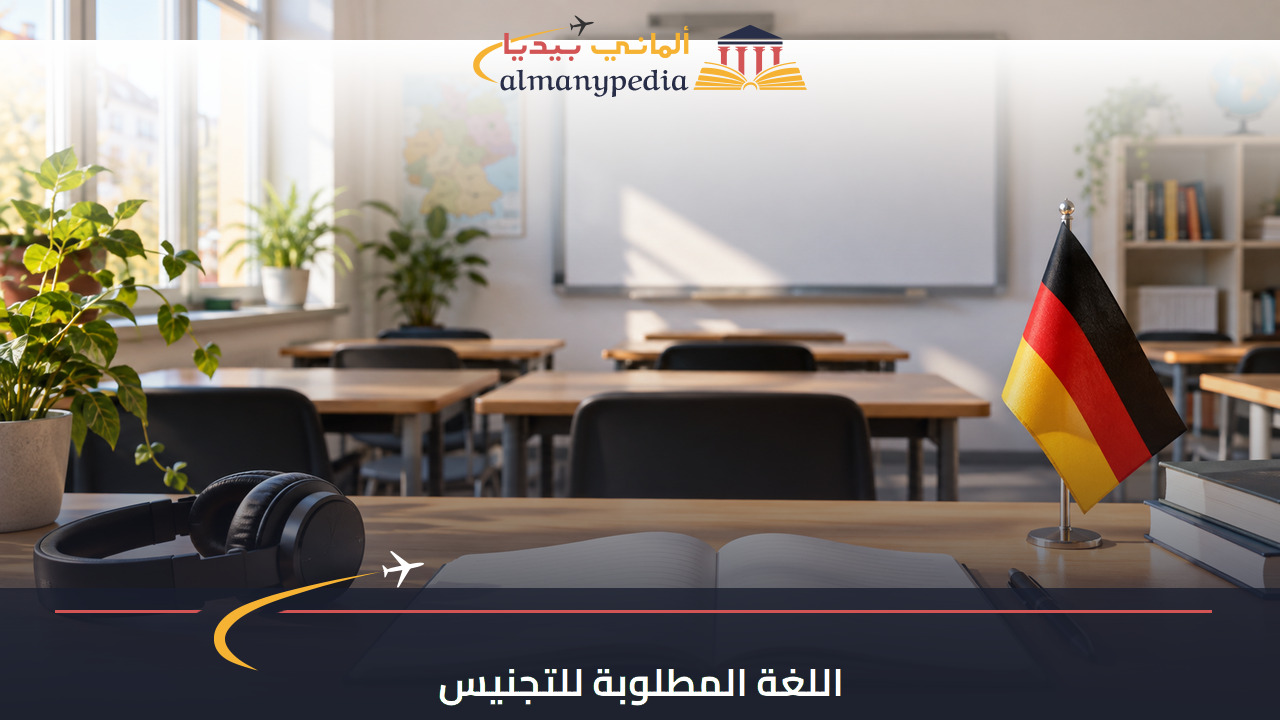 مشهد توضيحي لفصل تعليم اللغة الألمانية ودفتر وسماعات