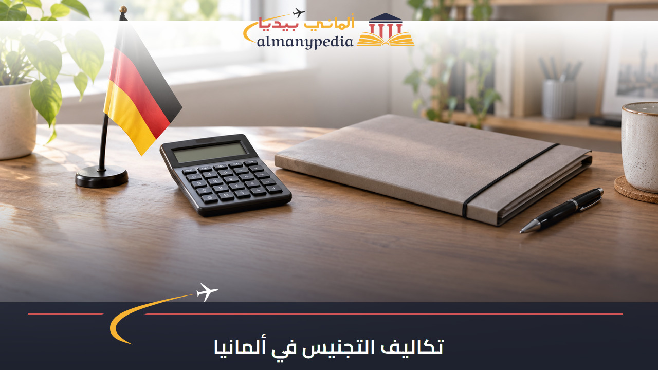 مشهد توضيحي لحساب تكلفة طلب التجنيس باستخدام آلة حاسبة وملف مستندات