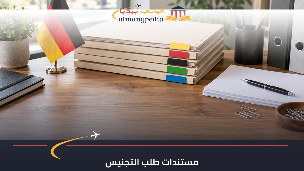 تصوير توضيحي لترتيب ملفات طلب التجنيس بجوار علم ألمانيا