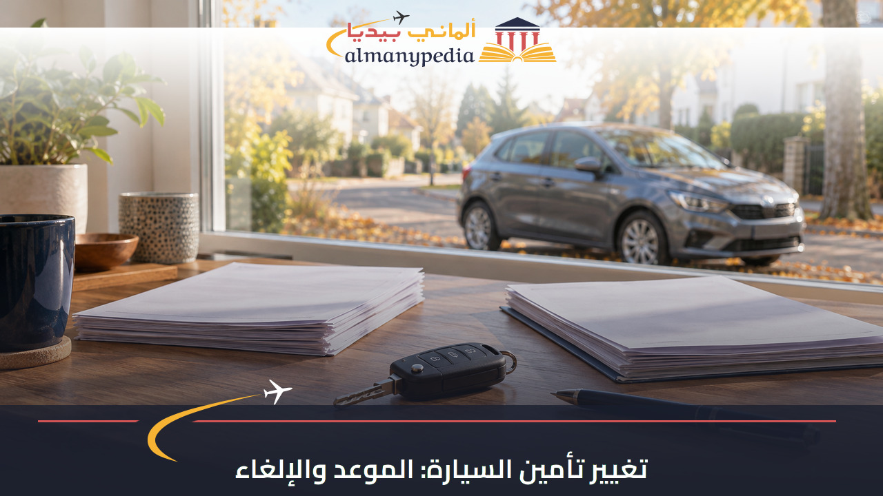 مفتاح سيارة وأوراق غير مكتوبة على مكتب، مع سيارة بالخارج؛ مشهد مولد لتوضيح مراجعة التأمين