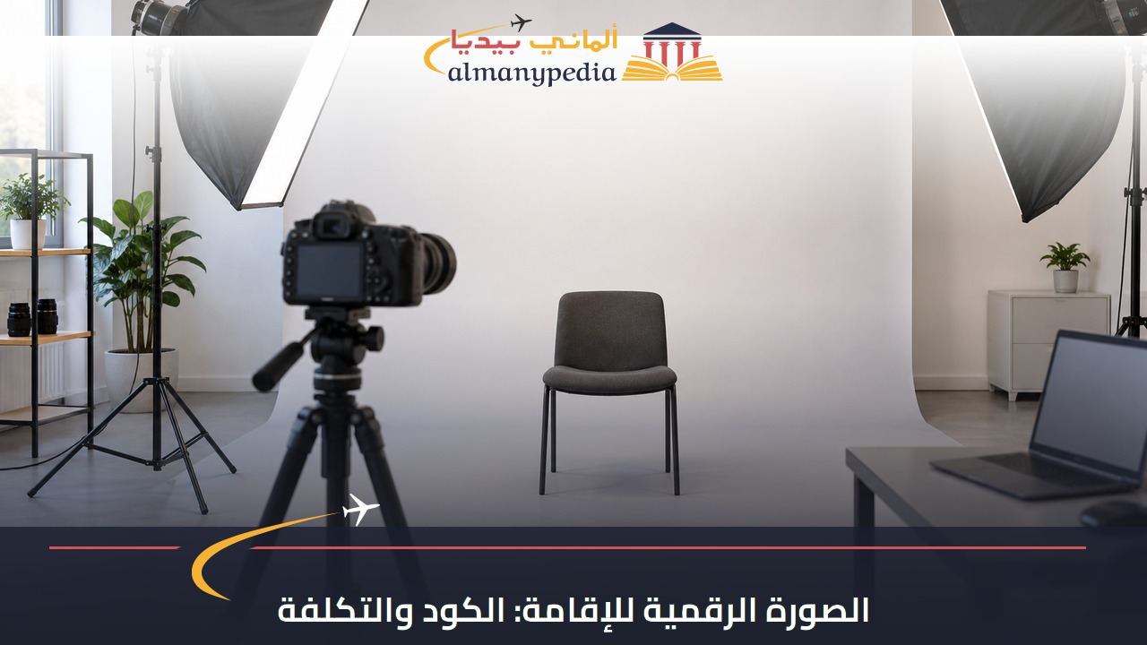 استوديو تصوير فارغ مع كاميرا وكرسي وحاسوب، رسم مولد للتوضيح وليس مكتبًا رسميًا أو جهازًا معتمدًا مصورًا